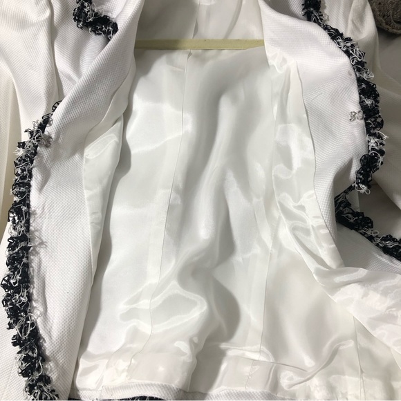 PECK & PECK White Twill Jacket Blazer Black White Fringe Sz 2 - Picture 7 of 12